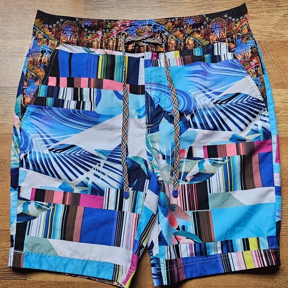 Robert Graham Men's Swim Shorts  Abstract Tropical Palm Leaf Print Multicolor 32